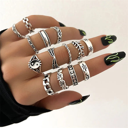 Hot Sale 14pcs Statement Retro Trend Hollowed Out Yin Yang Leaf Moon Twist Geometric Fashion Women Ring Set