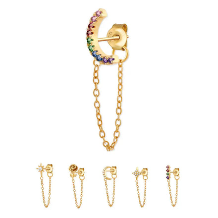 S925 Sterling Silver Chain Link Hoop Earrings Gold Plated Huggie Earrings Tassel Drop Earing Zircon Jewelry for Women
