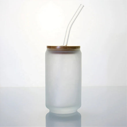 Reusable Frosted Beer Can Shaped Glass Tasting Cups Sublimation Coffee Cup with Bamboo Lid and Glass Straw for Beverages