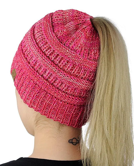 New Women Multifunction Knitted Autumn Winter Lady Messy Bun Stretch Crochet Cap Ponytail Beanie Hat