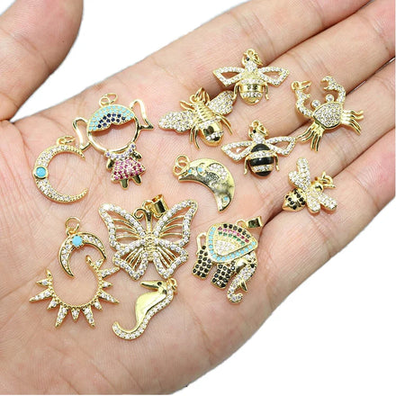 HH1012 18K Gold Plated CZ Paved Crescent Sun Bee Elephant Insect Animal Charm Pendant for Women Necklace