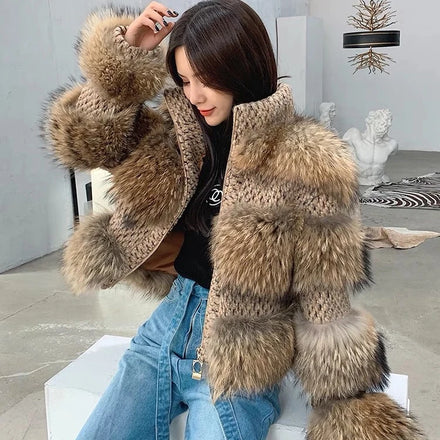 Fashion Women Short Style Real Raccoon Fur Jacket Custom Winter Fluffy Raccoon Fur Coat