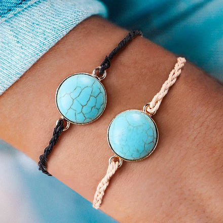 Trendy Retro Boho Adjustable Handmade Woven Green Turquoise Stone Bead Bracelet for Women Waterproof Jewelry