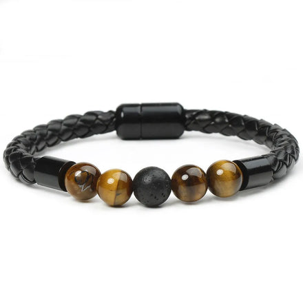 Casual Sporty Handmade Leather Knit Bracelets Natural Stone Stainless Steel Black Magnet Hook Beaded Bracelets