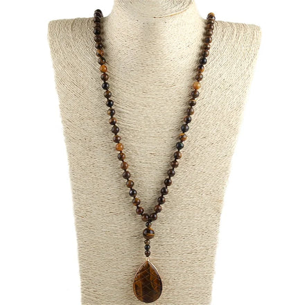 Fashion Jewelry 8mm Picture Jasper Tiger Eye Natural Stone Necklace Drop Grid Pendant Necklace