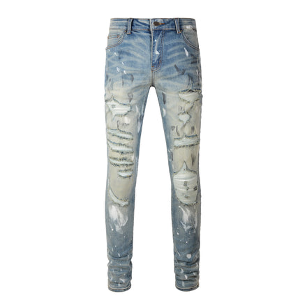 Wholesale Hip Hop Winter Blue Streetwear Slim Fit Damaged Splash Ripped Stretch Designer Distressed Skinny Painted Vintage Denim