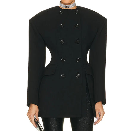 OEM Long Sleeve O-neck Double Breasted Front Split Slim Waist Jacket Women