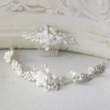 SLBRIDAL Handmade Crystal Rhinestone Ceramic Flower Bridal Headband Hair Comb Wedding Headpieces Hair Accessories Women Jewelry