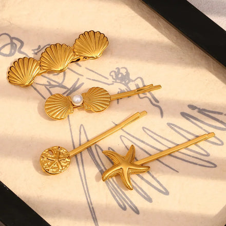 European American Ins Fashion Hair Accessory Stainless Steel Plated with 18K Gold Starfish Scallop Hair Pin for Women