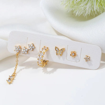 Women's Non-Allergic Jewelry Earrings Set Ear Studs Gold Plated Zircon Inlaid Mini Butterfly Flower Post Stud Earrings Wholesale