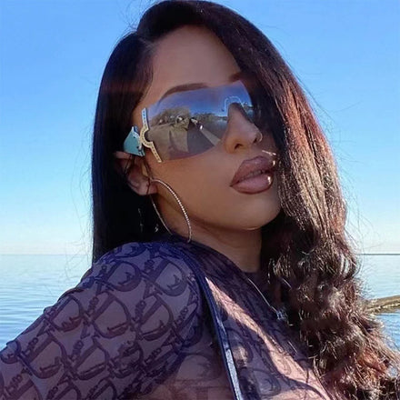 STORY T334 Vintage One Piece Diamonds Oversized Rimless Sunglasses Women Men 2023 Brand Fashion Pink Crystal Shield Sun Glasses