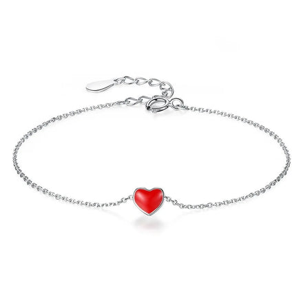 925 Silver Cute Heart Charm Bracelet with Red Enamel Charm for Women-Gift or Party Elegant Stylish