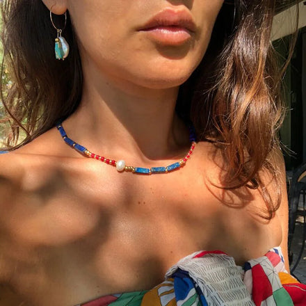 New Design Handmade Gold Plated Bohemian Klein Blue Agate Lapis Lazuli Semi-Precious Stone Choker Necklace