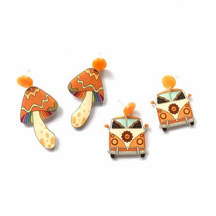 Factory Price Autumn Winter Orange Mushroom Bus Printed Lively Student Acrylic Earrings