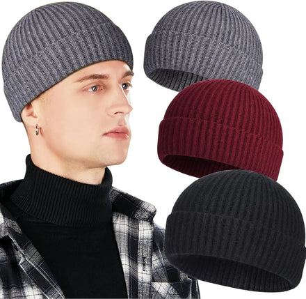 Winter Men Brimless Beanies Hat Short Knit Watch Cap Cuffed Trawler Hats
