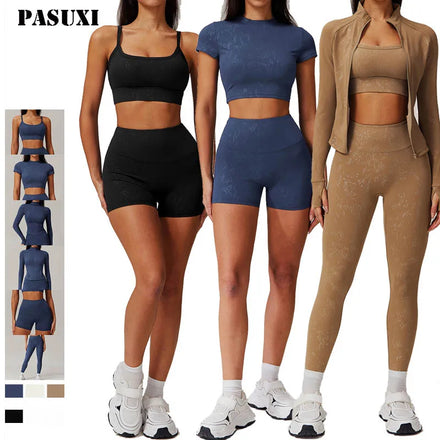 PASUXI Women Seamless Ribbed Set Fitness Sports 4 Piece Suits Yoga Long Sleeve High Waist Running Leggings Workout Yoga Set