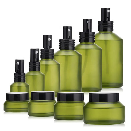 Olive Green Glass Bottles 15ml 30 ml 60 ml 100 ml 120 ml 200ml Glass Bottle and 15 g 30 g 50g 100g Glass Jar for Cosmetic