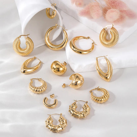 POENNIS Stainless Steel Geometric Trendy Huggie Chunky Hoops Statement Earrings Anti-Tarnish 18K Gold Plated