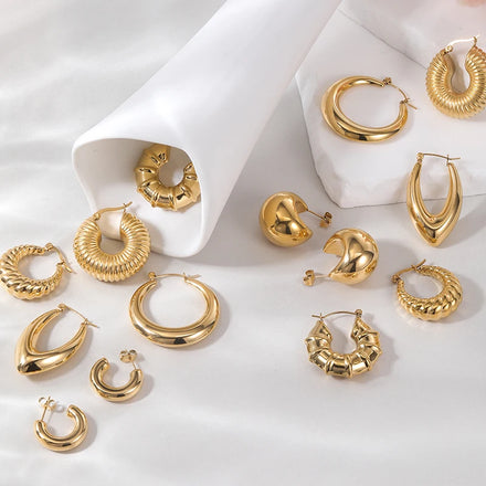 HOVANCI 18k PVD Gold Plated Screw Twisted Earring Stainless Steel Smooth Hypoallergenic Chunky Hoop Earrings for Women