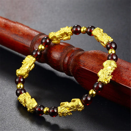 Chinese Lucky Feng Shui Gold Brave Troop PiXiu Beads Garnet Bracelet Bangle Jewelry Gift