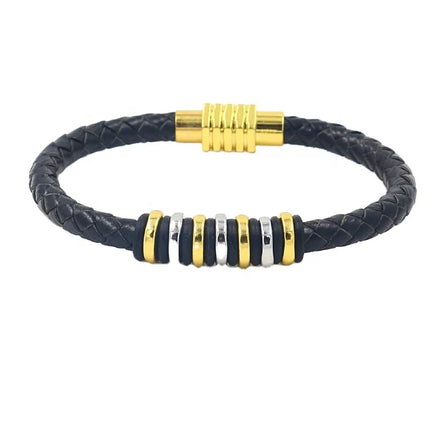 Gold and Silver Bicolor Alloy Beads Woven Leather Bracelet for Men
