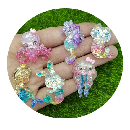 Glitter Sea Animal Resin Cabochons Mermaid Seahorse Fish Flatback Cabochons Cat Rabbit Kawaii Charms Jewelry Bracelet Making