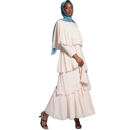 2022 Summer New Pearls Cape Triple Layered Chiffon Maxi Dress Ruffles Kaftan Abaya Dubai Style Islamic Long Muslim Dress for
