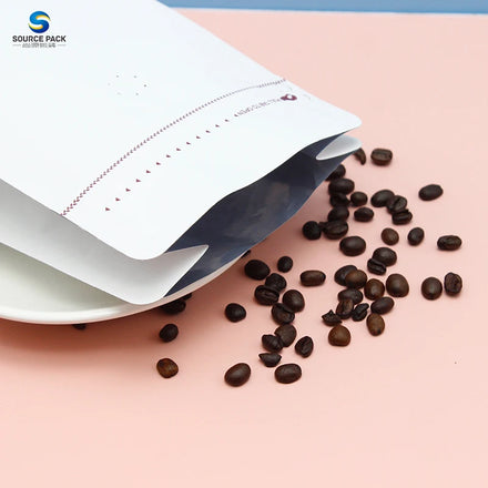 Coffee Bag With Valve and Zipper Bean Factory Custom Printed Flat Bottom 250g 1kg White Matte Finish Coffee Bag