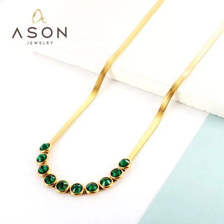 Ason Fashion Jewelry New Arrivals Stainless Steel Necklace 18k Gold Silver Green Zircon Pendant Necklace