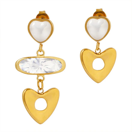 Stylish Asymmetrical Love Heart Hollow Out Imitation Pearl Geometric Stainless Steel Drop Earrings for Women Party Wear