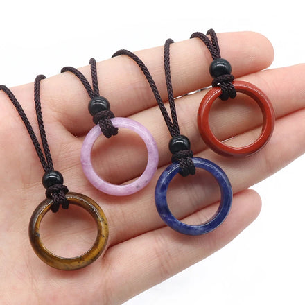 Colorful Gemstone Rings Charm Pendant Braided Necklace Healing Crystal Quartz Ring Stone Pendant Necklace for Women