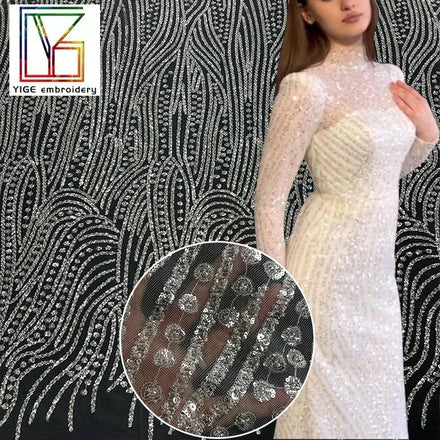 Polyester Tulle Heavy Beaded Bridal Glitter Sequins Mesh Embroidery Wedding Dress Lace Fabric for Evening Dress