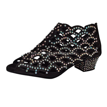 Customized Black Satin Crystal Suede Sole Dance Boots Peep Toe 3 Inches