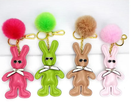 New Custom Fluffy Rabbit Plush Key Chain Pompom Keyring Bag Charm Car Keychain Luxury Animal Leather Keyc