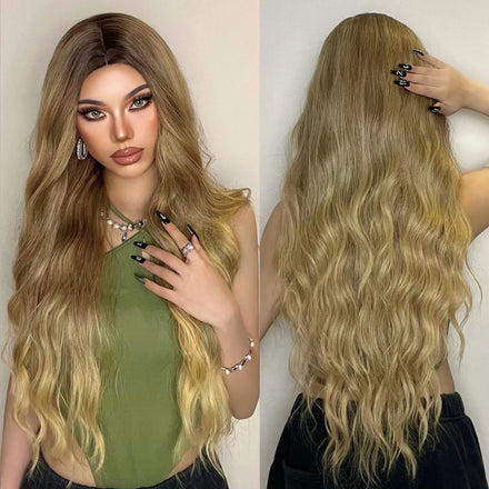 MOQ1 Long Brown Wavy Synthetic Wig Ombre Brown to Blonde Curly Wigs for Women Daily Costume High Quality Thick Hair