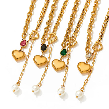 Fashion Stainless Steel Green Zircon Heart Necklace Heart Pearl Splicing Necklace