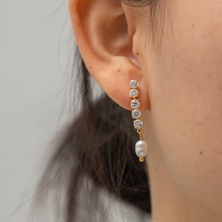 Good Quality 18K Gold Plated Cubic Zircon Fresh Water Pearl Dangle Earrings Stainless Steel Jewelry for Women