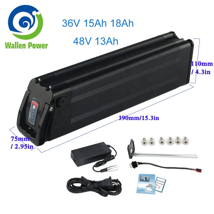 US Stock 36v 48v 13ah 15ah 18ah Ebike Lithium Ion 18650 Battery Pack Electric Bicycle EBike Battery Silver Fish