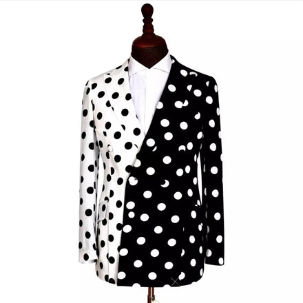 Custom Made Black White Color Matching Big Polka Dot Men's Suits Wear Coat Wedding Groom Peaked Lapel Slim Blazer 1 Piece Jacket