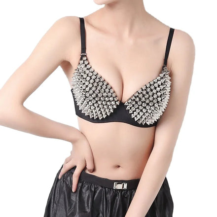 Factory Gray Metallic Rivets Studded Bralette Nightclub Gaga Push up Sexy Club Party Sujetadores Punk Bras for Women Underwear