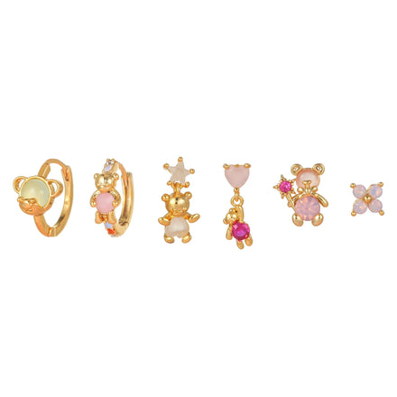Korean New Women 6 Piece Stud Earrings Set Plated Heart Bear Earrings Gold Micro Brass for Girls Inlaid Zircon Pink Brass 18k