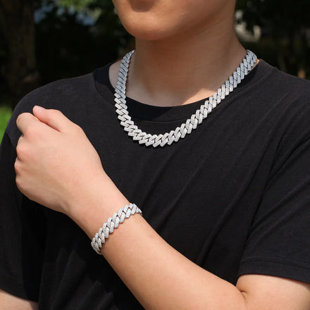Best Selling 13mm Cuban Link Chain White Gold Chokers Necklace Bracelet Jewelry Hiphop Iced Prong Micro Trendy Geometric Zircon