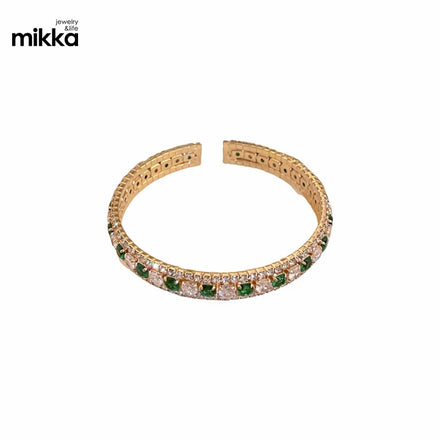 Fashion Personality Gold Alloy Cuff Full Diamond Green Rectangle/Pink Round Zircon Tennis Bracelet