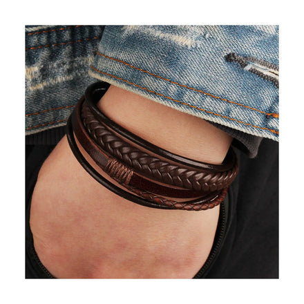 Leather Jewelry Magnetic Buckle Men's Wristband Leather Bracelets Classic Customize Men's Black Braided Leather Bracelet