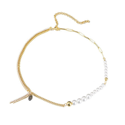 Peishang Femme Asymmetric Beads Choker Clavicle Chain 18K Gold Plated Brass Splice CZ Link Paper Clip Cuban Chian Necklace