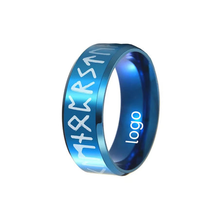 new 8MM Stainless Steel ring black blue gold laser Nordic Viking text ring Simple Stainless Steel ring laser logo finger rings