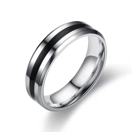 Black Enamel Non Tarnish Bright Beveled High Polish Jewelry 6mm Beveled Black Enamel Inlay Flat Stainless Steel Band Ring