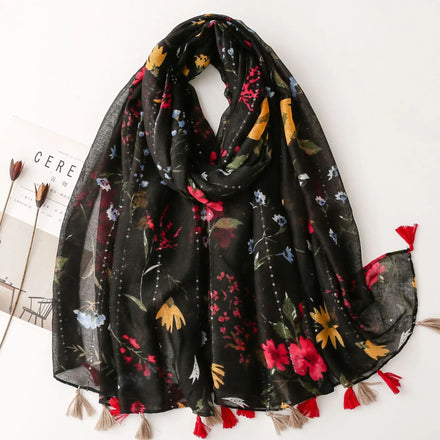 Hot Selling Women Elegant Black Flower Printed Cotton Fringe Hijabs With Sequins Muslim Women Sequin Glitter Cotton Head Scarfs