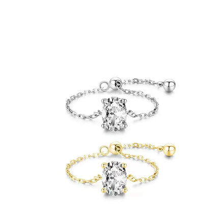INS 925 Silver Oval Shape Zircon Adjustable Chain Gold Plated Rings for Women Fine Jewelry Rings