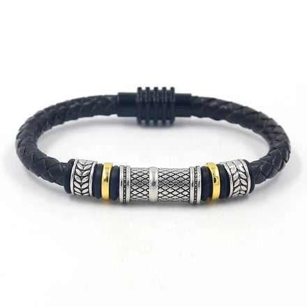 Gold Silver Double Color Alloy Single Lap Leather Braided Rope Magnetic Clasp Bracelet for Men